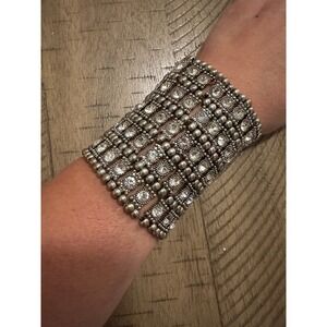 VTG Coachella 2016 Boho Statement Cuff Wide Rhinestone & Silver Stretch Bracelet